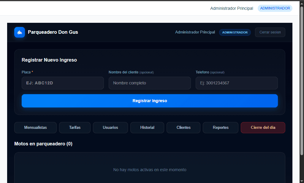 Dashboard del sistema de gestión Parqueadero Don Gus